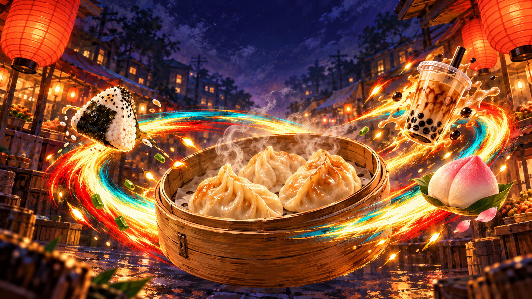 Painted Lantern Stall key art: a bamboo steamer of dumplings at the centre of a night market, with a rice ball, bubble tea and a peach bun caught in a swirling arcade impact streak.