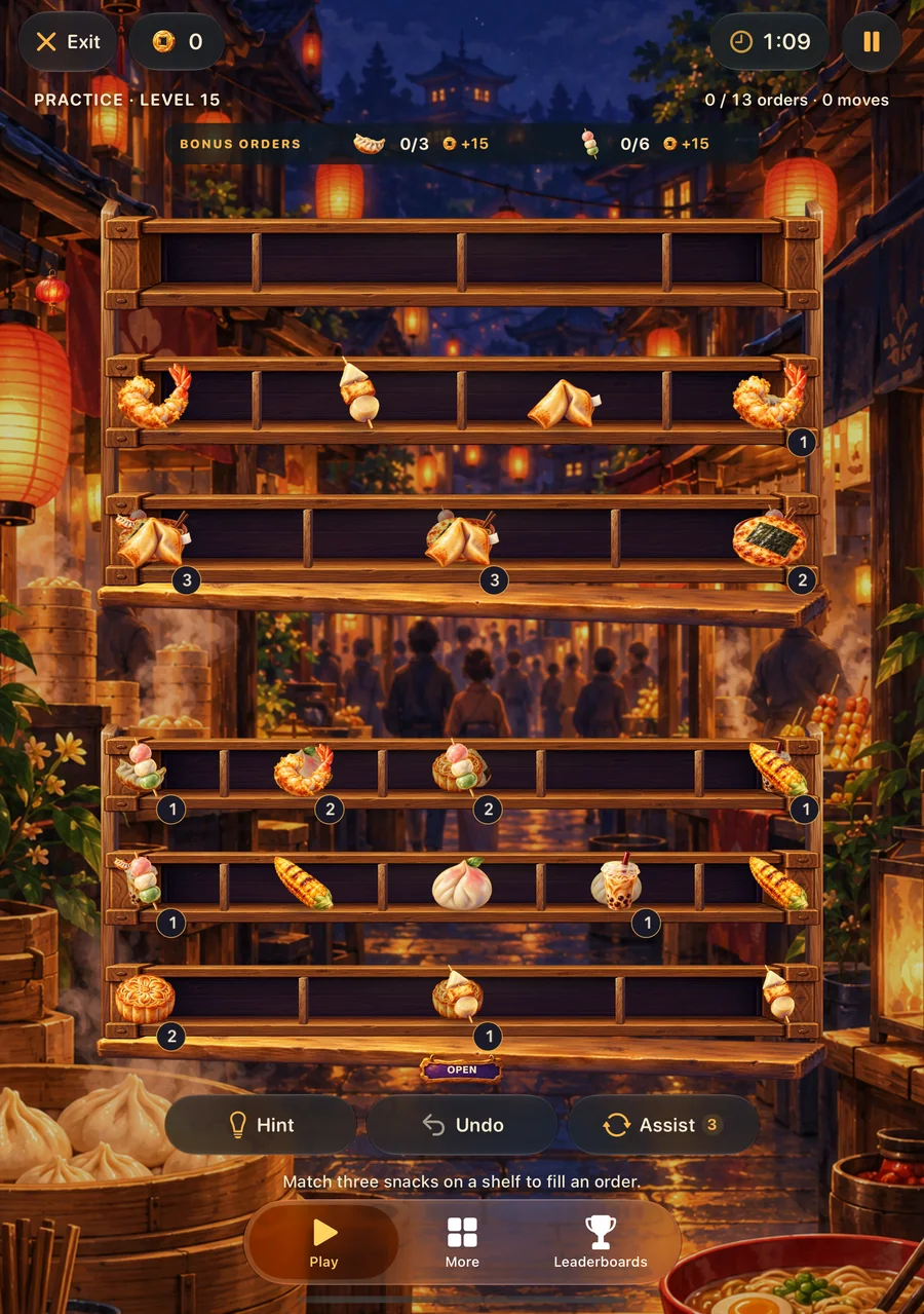 Classic level 15 on a larger display, showing the full stall and shelves.