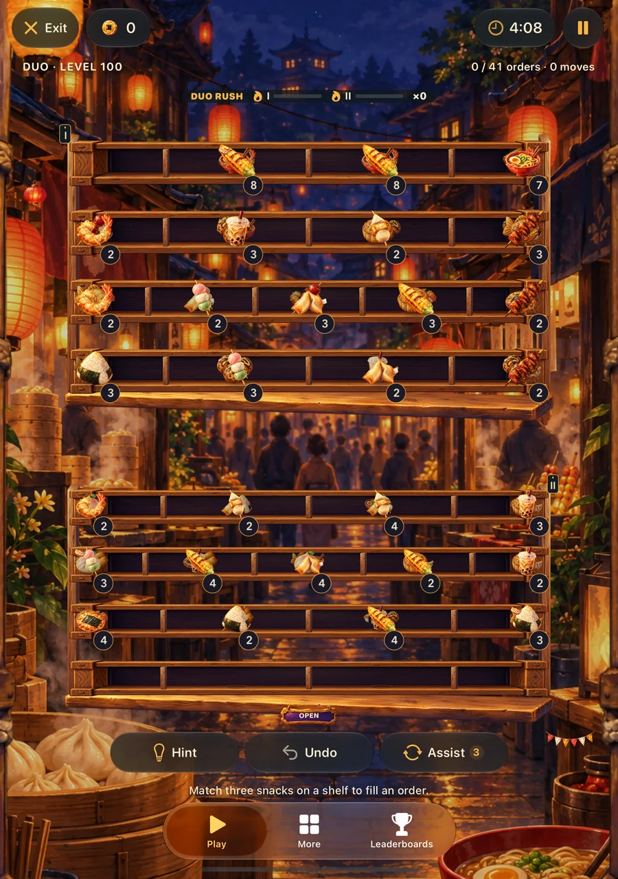 Duo Rush level 100 on a larger display with two counters side by side.