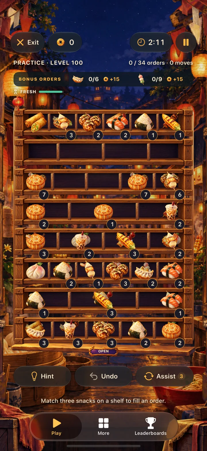 Classic level 100 on iPhone with fuller shelves and several orders waiting.