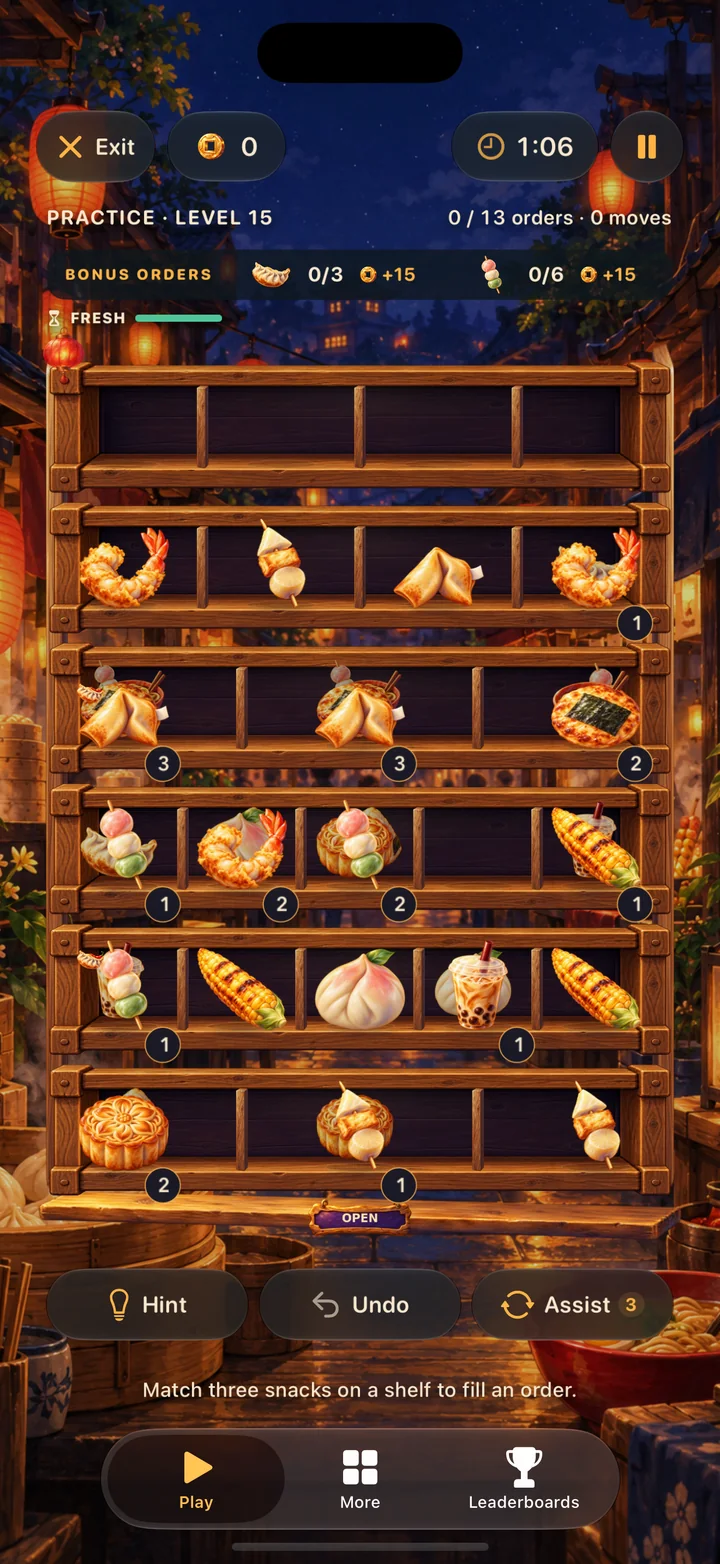 Classic level 15 on iPhone: snacks on wooden shelves, order tickets and the round timer.