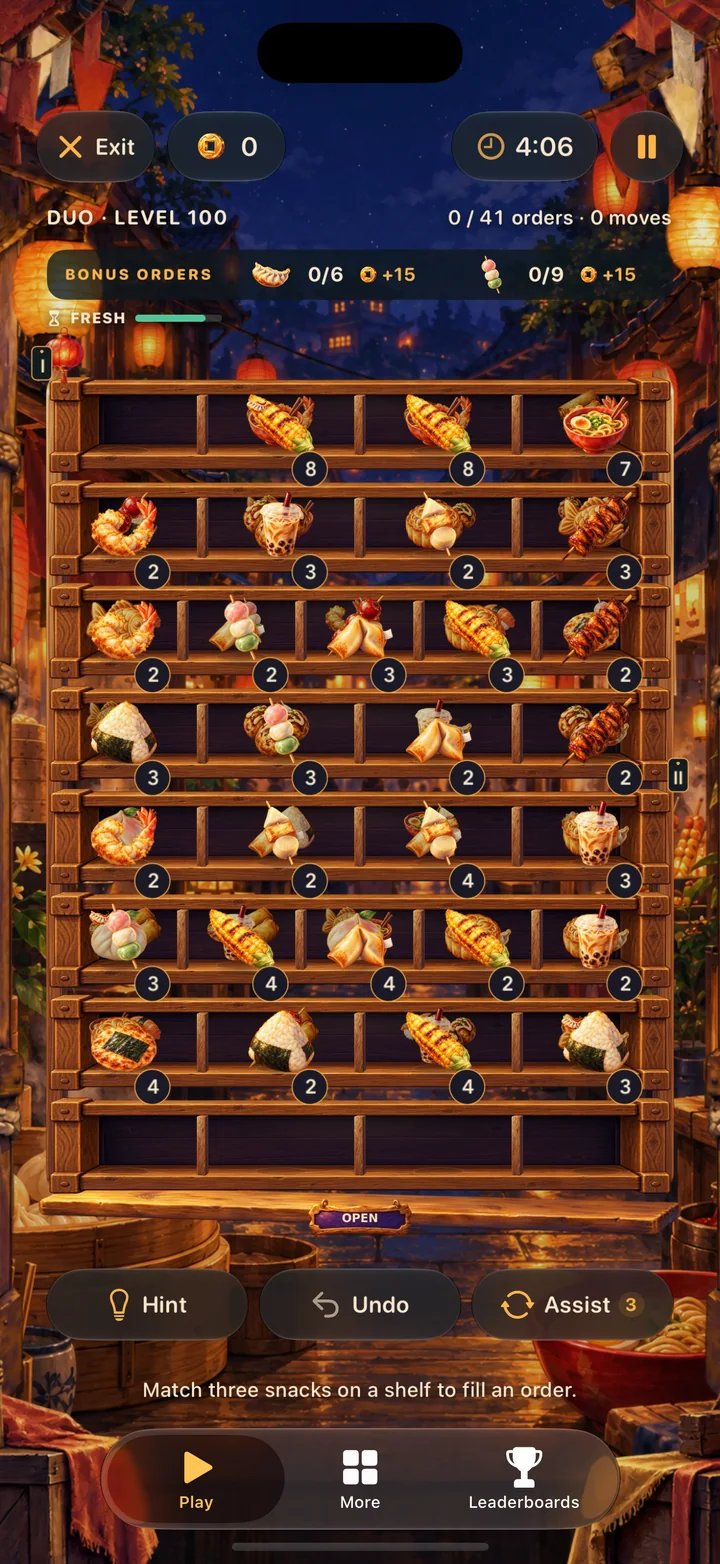 Duo Rush on iPhone, with two counters of snacks to manage at once.