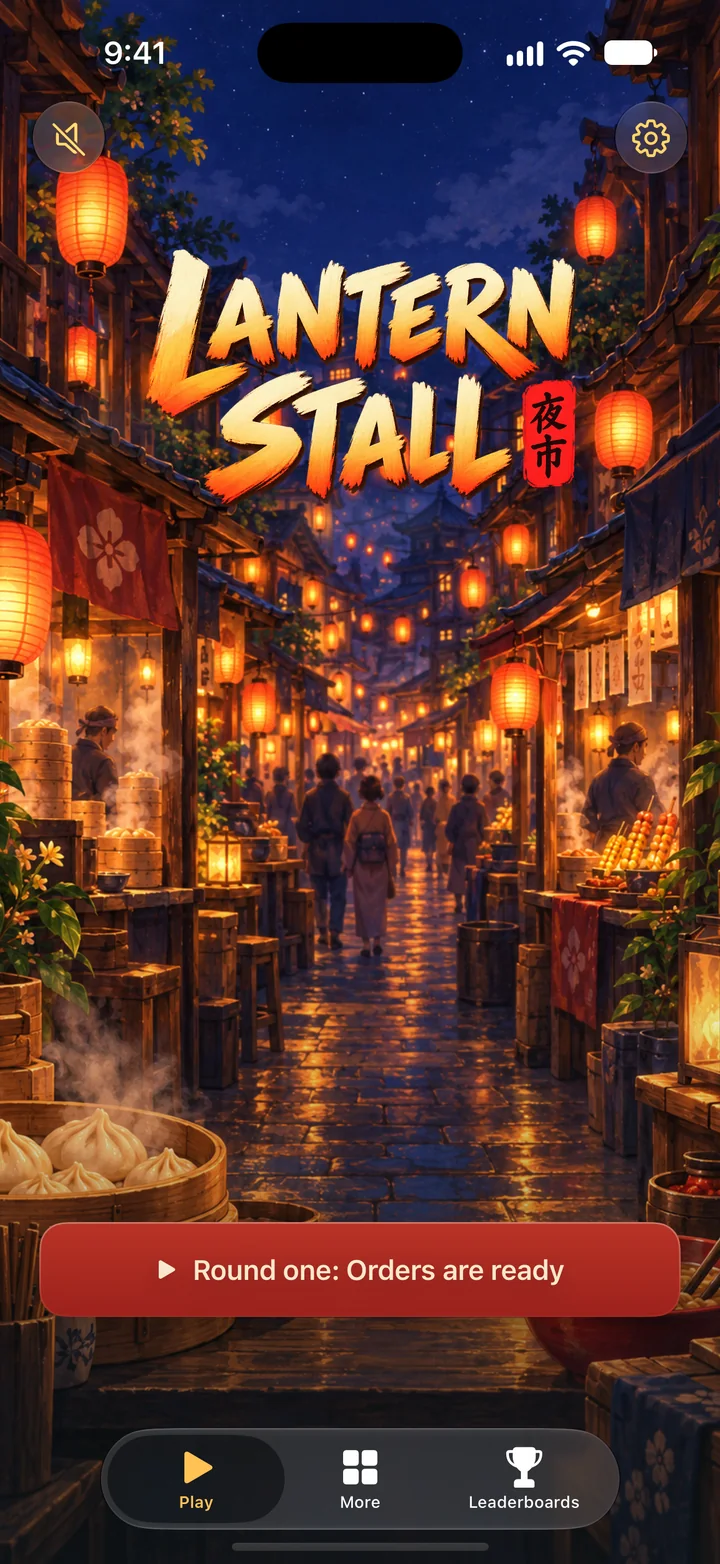 Lantern Stall home screen on iPhone, with the painted market, the wordmark and the main menu.